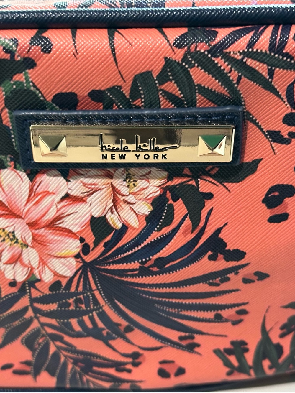 Nicole Miller Coral Floral Cosmetic Pouch with Navy Accents